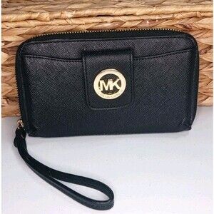 Michael Kors Black Zip Around Wallet / Clutch Wristlet Bag Snap Front Logo EUC